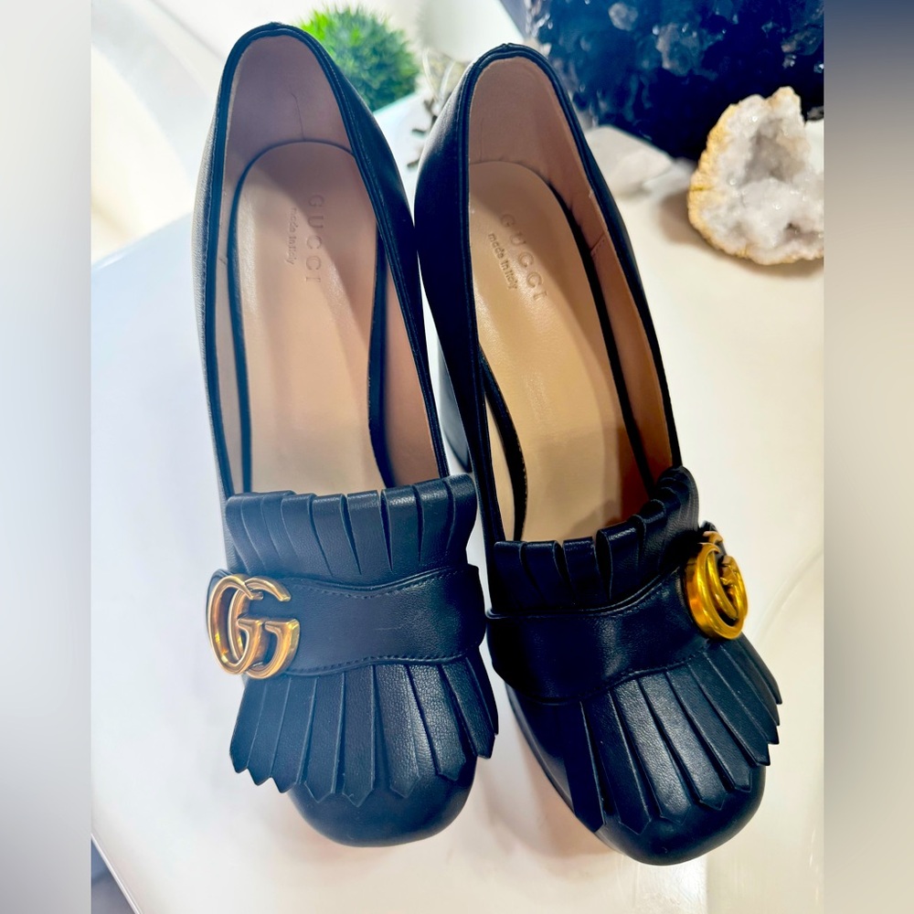 Gucci Black Leather Heels with Gold Accent